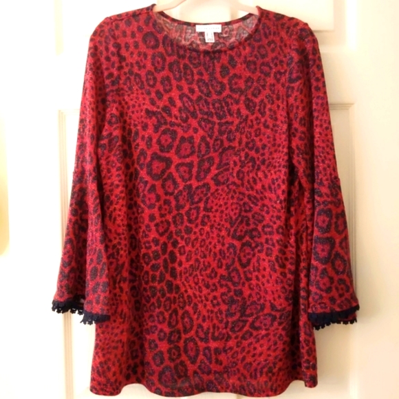 Susan Graver Sparkly Red Leopard Sweater with Bell Sleeves  size S - Picture 8 of 14